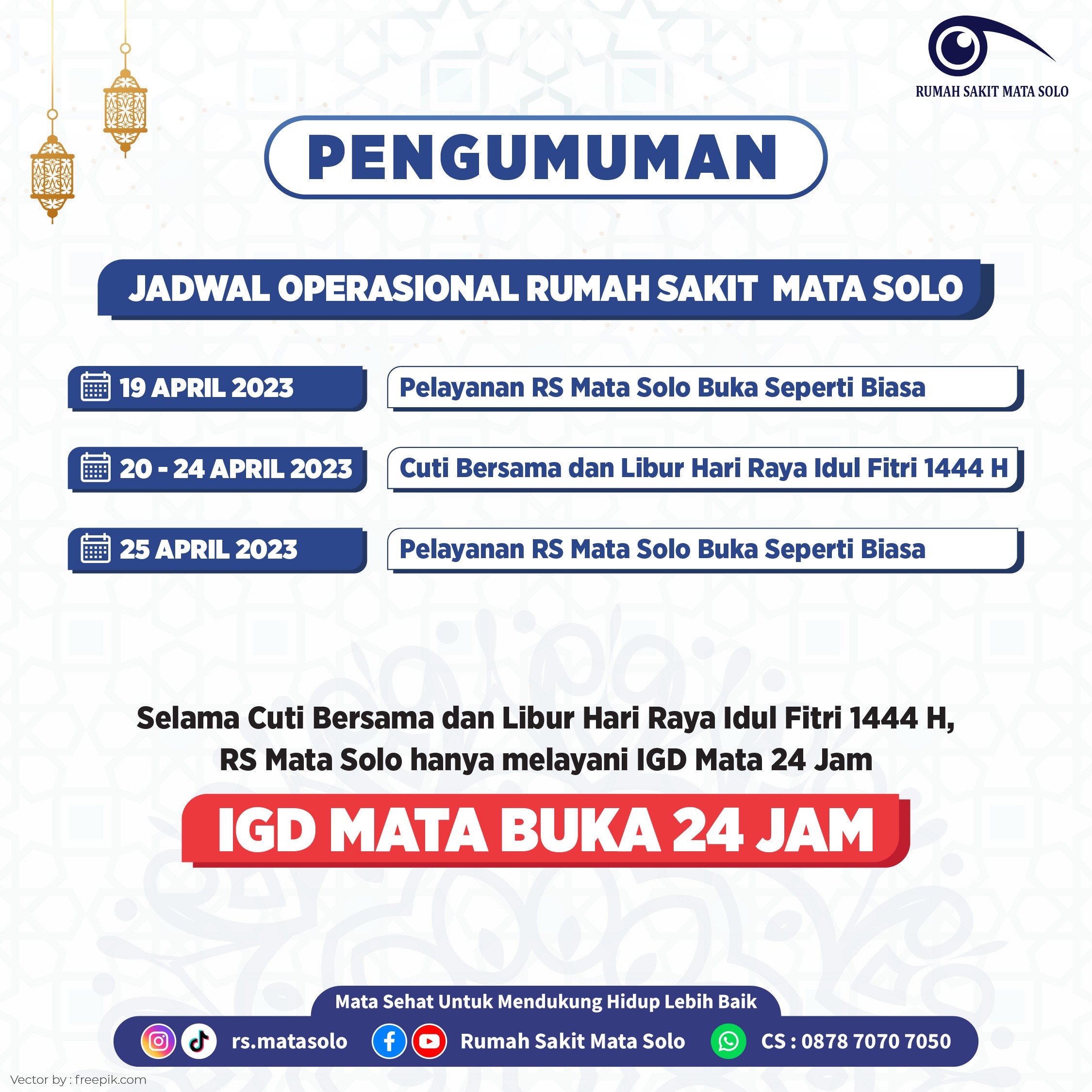 Jadwal Operasional RS Mata Solo Selama Libur Lebaran 1444 H / 2023