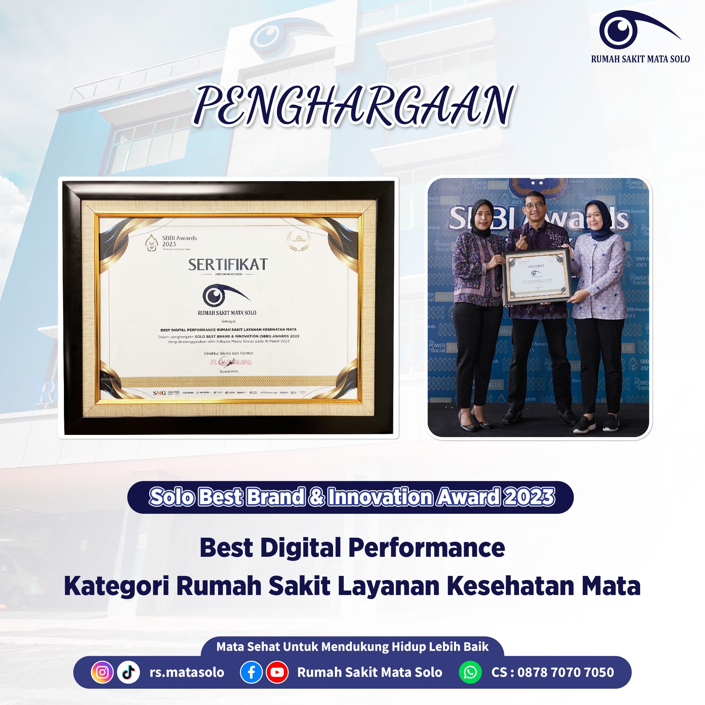 RS Mata Solo Memenangkan Penghargaan Best Digital Performance Rumah Sakit Layanan Kesehatan Mata dalam Acara SBBI Awards 2023